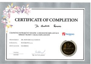 Certifikát - Částečná extrakční terapie a imediátní implantace měkké tkáně v okolí implantátů